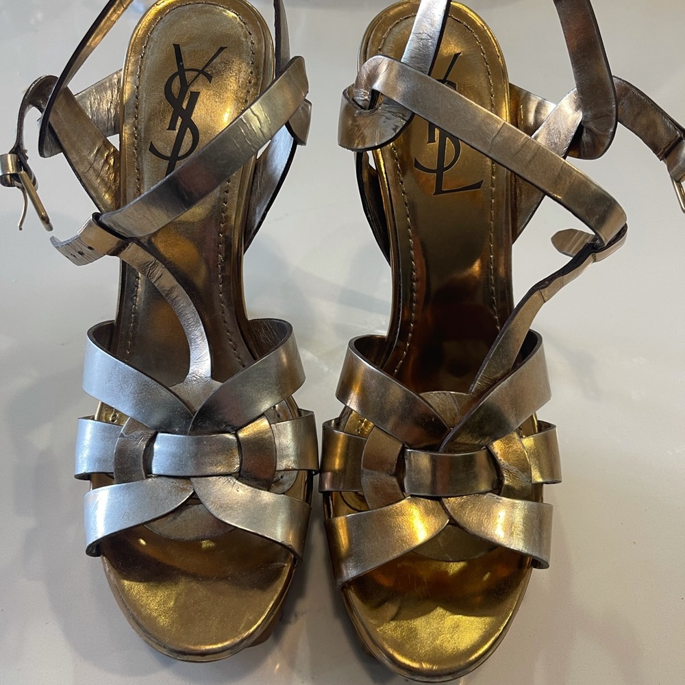 YVES SAINT LAURENT Metallic Gold & Silver Tribute Strappy Leather High Heel